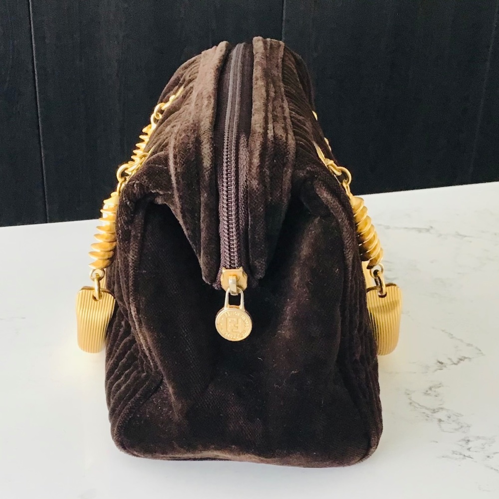 FENDI rare vintage handbag brown quilted velvet with gold handles - Picture 3 of 16